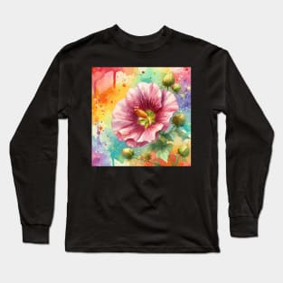 Watercolor Pink Hibiscus Flower Long Sleeve T-Shirt